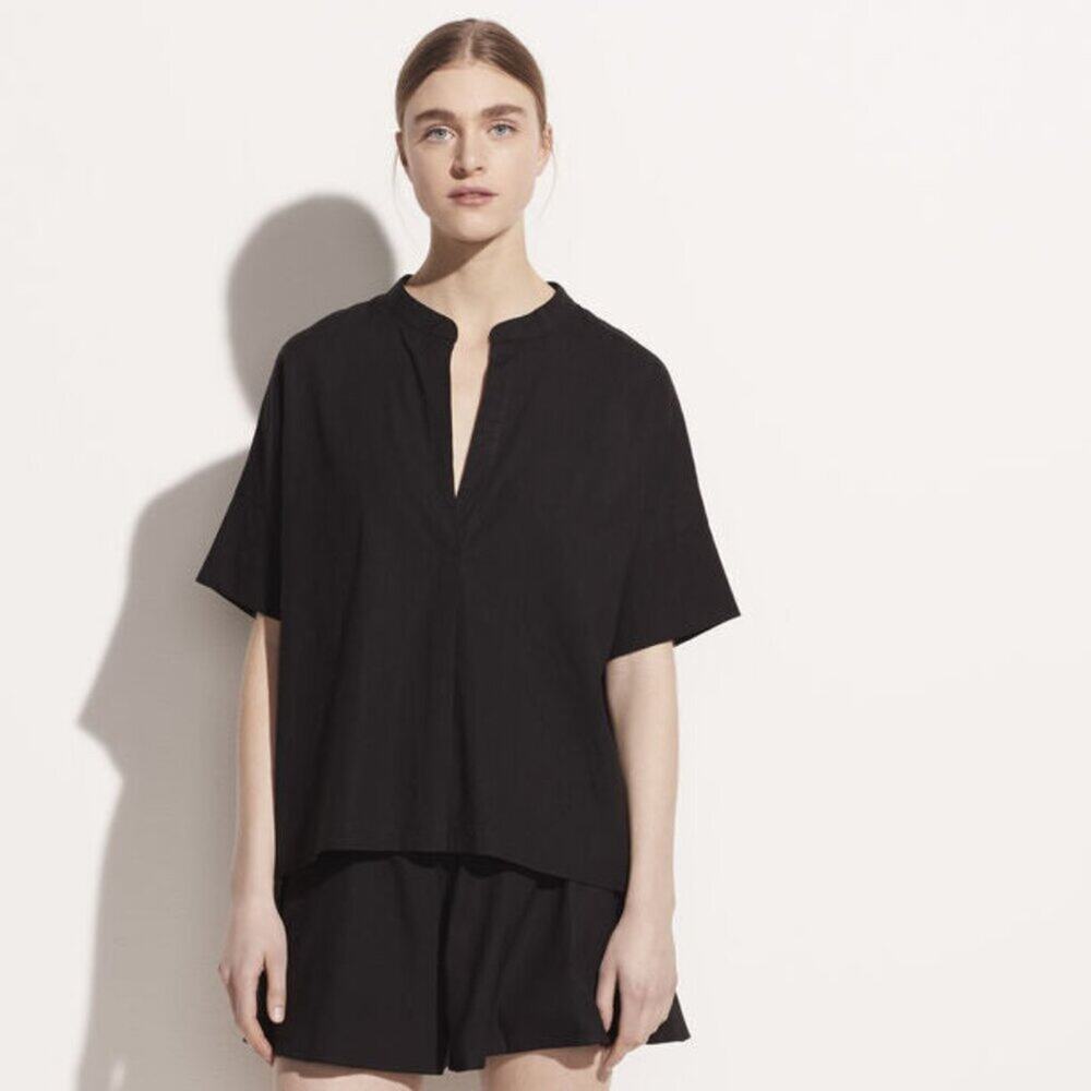 Vince Women's Black Linen Blend Popover Short Sleeve Top Size  XL